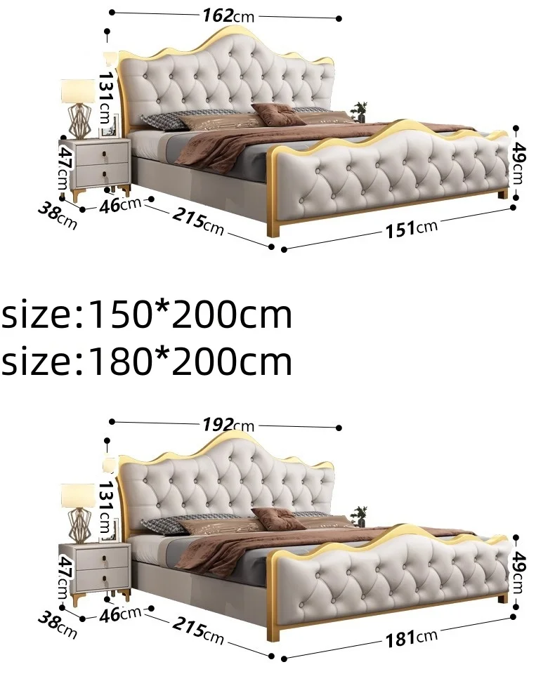 Luxury King Size Modern Leather Bed with Gold Stainless Steel Frame High Double Bed Upholstered Leather Headboard