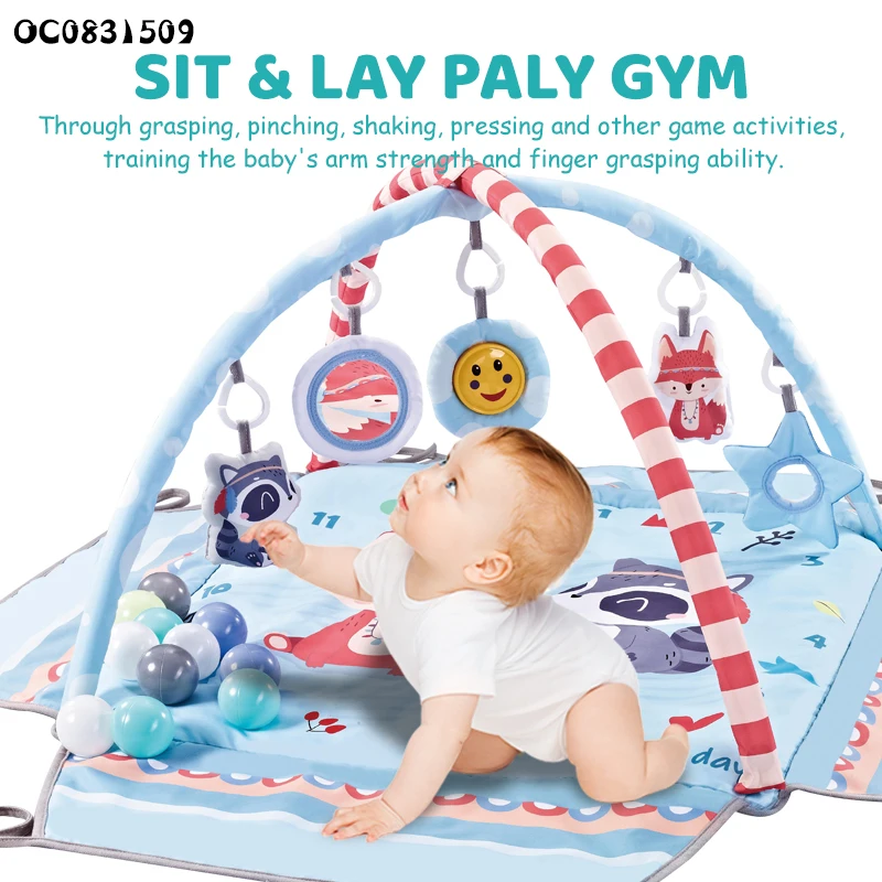 Montessori baby activity gym educational custom play mat with hanging plush animals
