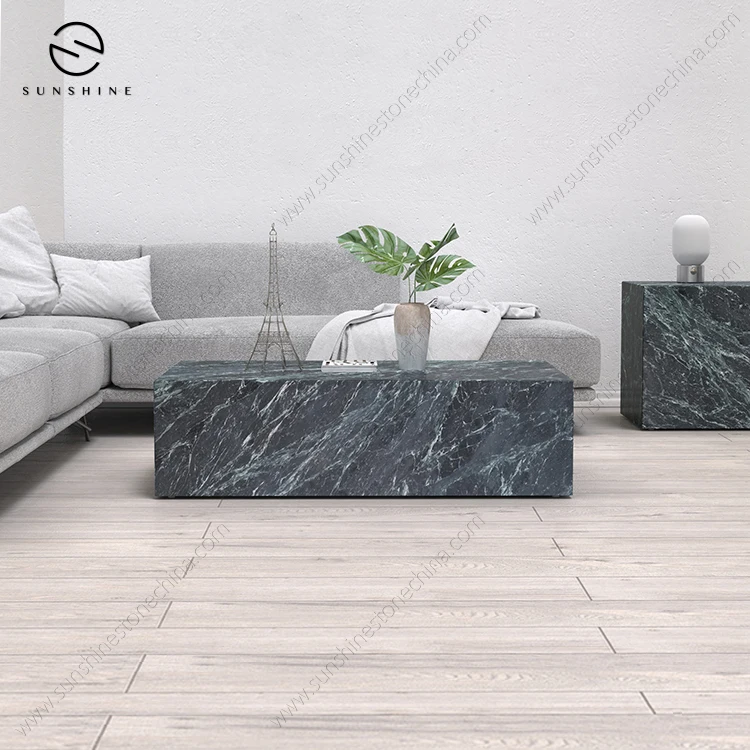 Luxury Nordic Style Dark Green Living Room Furniture Marble Cubic Plinth Low Sofa Coffee Table