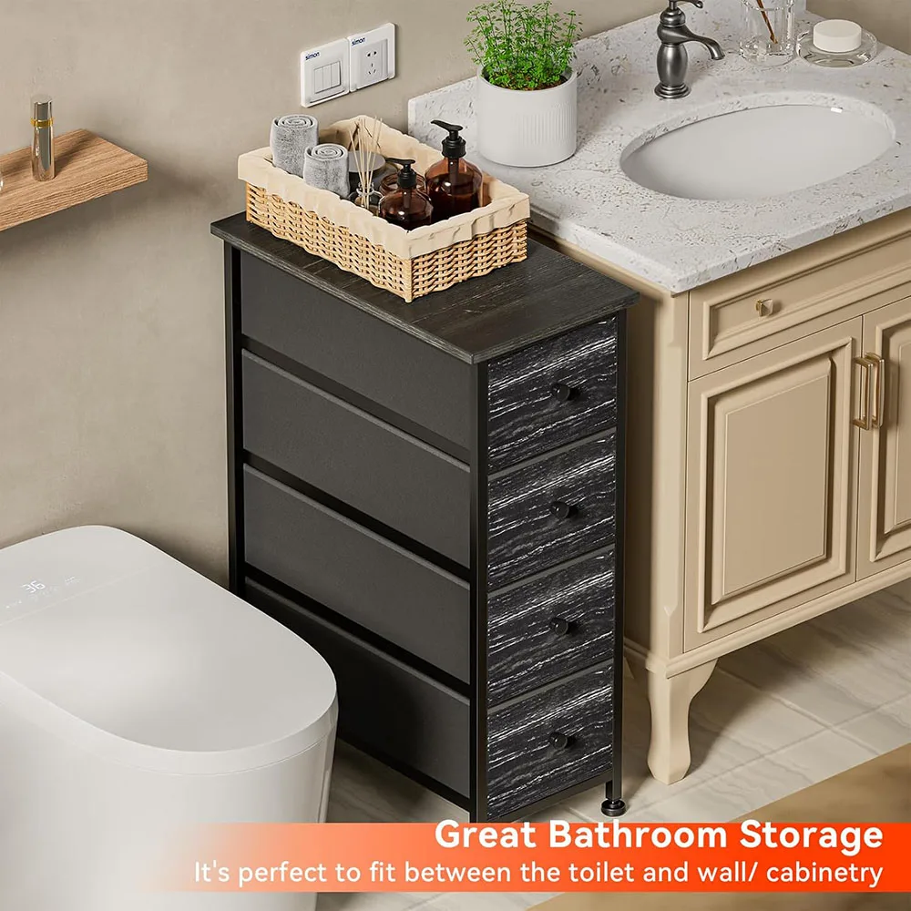 product modern 4 drawer dresser storage tower with steel frame and wood top slim narrow bedroom dresser with removable fabric drawers-7