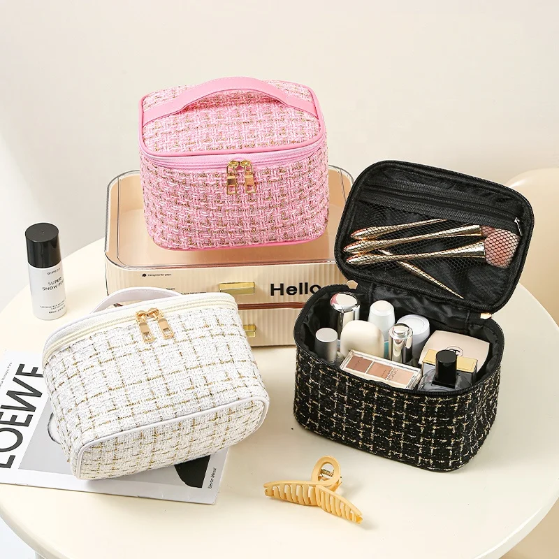 Fashion Ladies Makeup Organizer Storage Bag with Handle Plaids Large Capacity Cosmetic Bags Cases Travel Toiletry