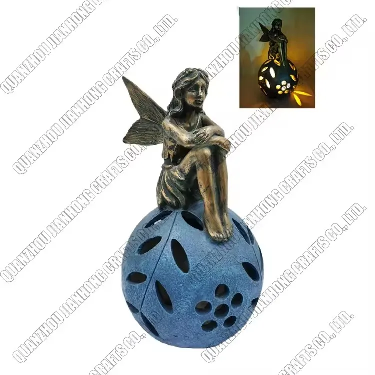 Fairy Cute Figurines Nautical Bronze Resin Sitting Garden Statue Angel with Solar Lights 