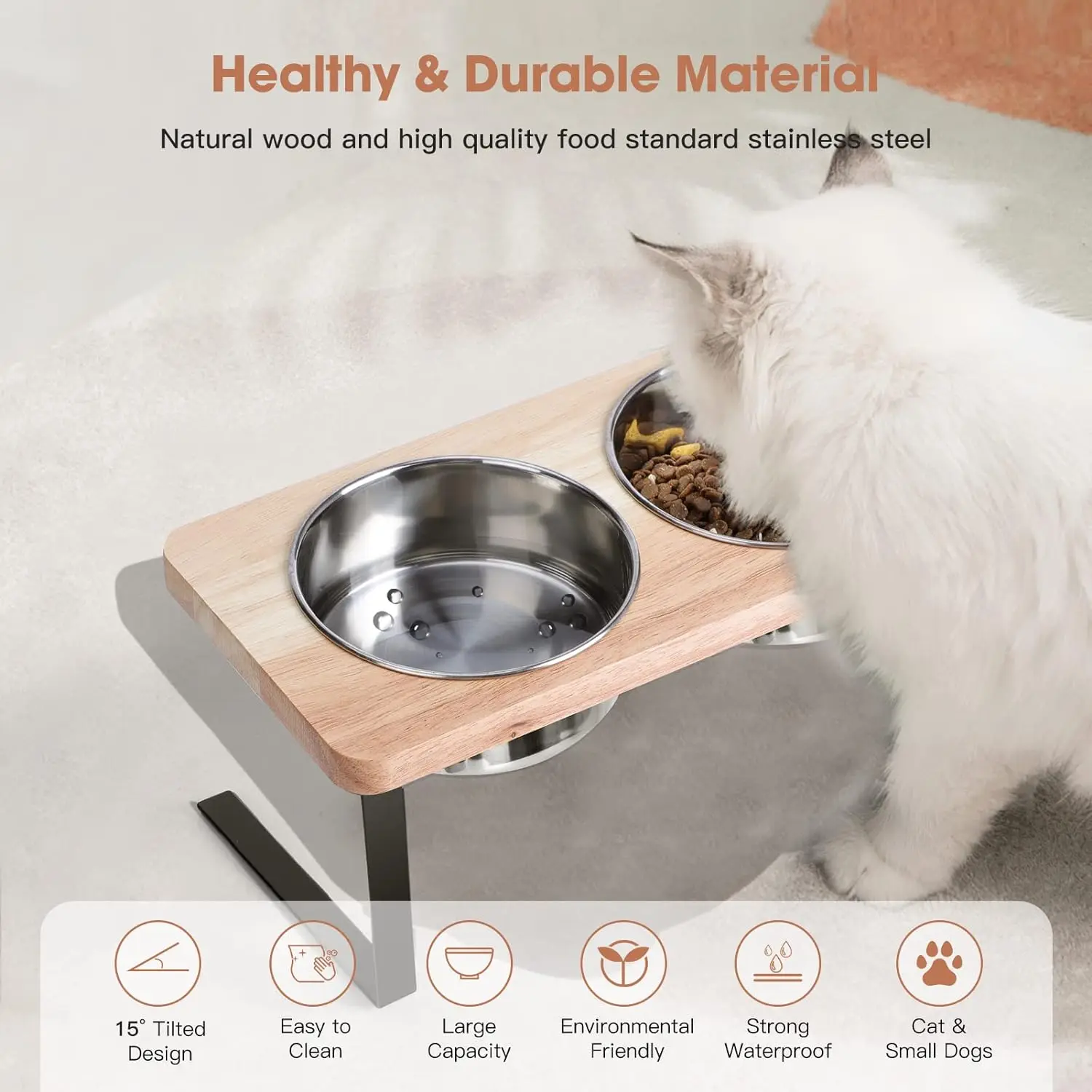 Loplurea Elevated Cat Bowls With Bamboo Stand - 15° Tilted Stainless Steel Pet Food Bowls 3 thumbnail image