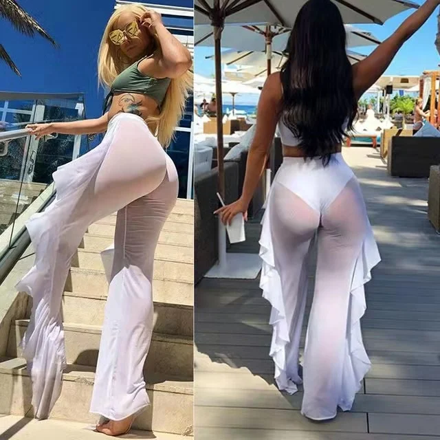 GBUIA Women Pants Women Mesh Sheer Bikini Cover Up Long Pant Plus Size Trousers Beach Swimwear 