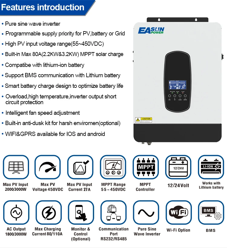 Easun Power Dc 12v Ac 2kw Mppt 80a 24v 3kw Pv Input 450vdc 3kva 3000w