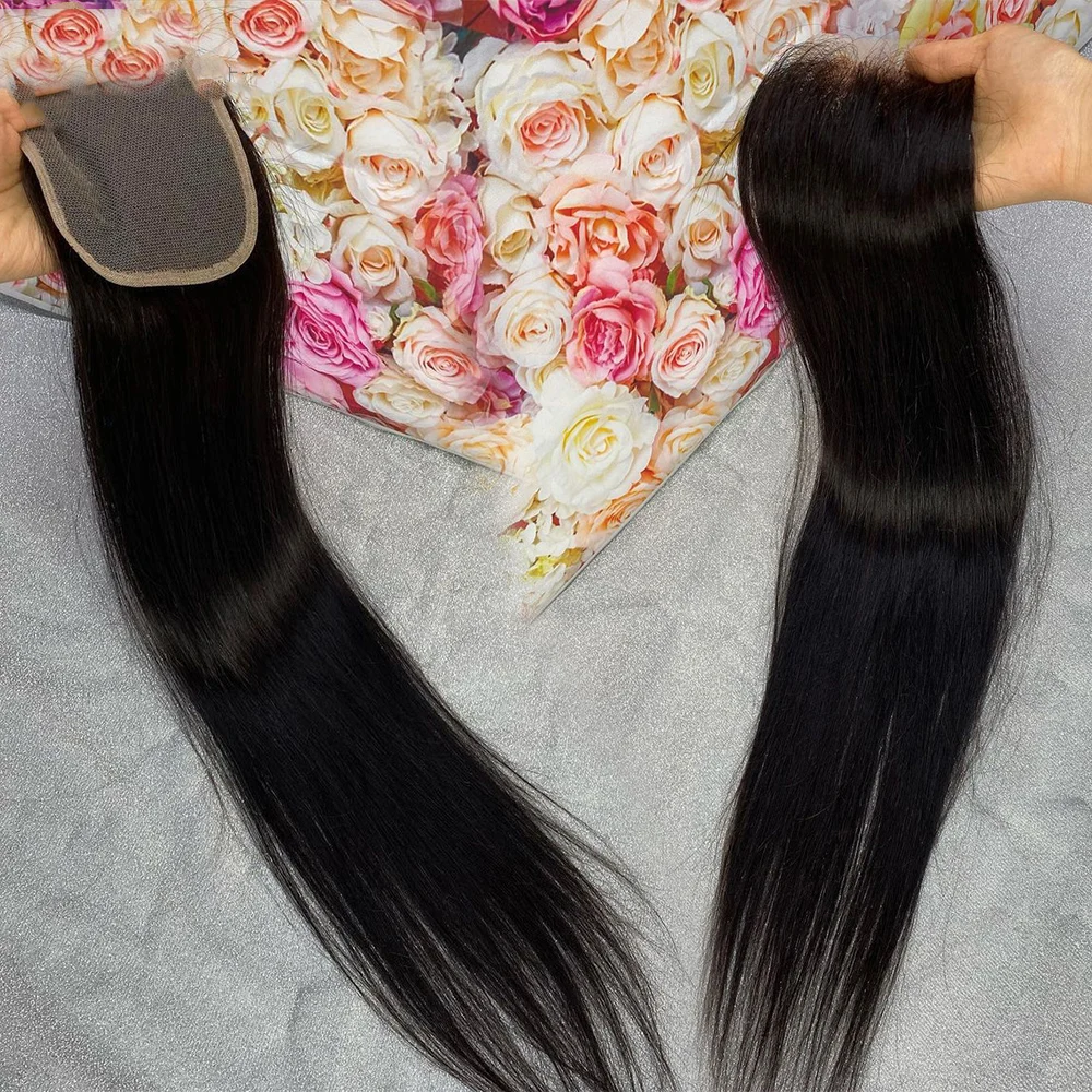 Three Part Straight Closure Brazilian Human Hair 4x4 Lace Closure With Baby Hair Natural Color Remy Hair Brazilian Lace Closure