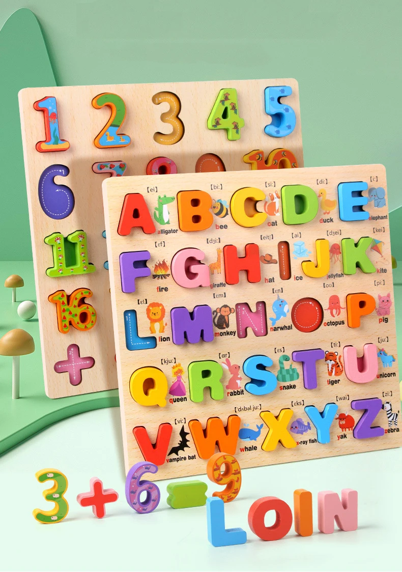 Sampel Gratis Puzzle Alfabet Kayu ABC Huruf dan Angka Puzzle untuk Balita Mainan Pembelajaran Prasekolah untuk Hadiah Puzzle Anak Pabrik