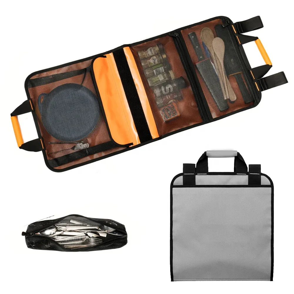 Camping Tableware Hanging Organizer Bag Canvas Outdoor Picnic Barbecue Cutlery Roll Pouch Flatware Storage Bag