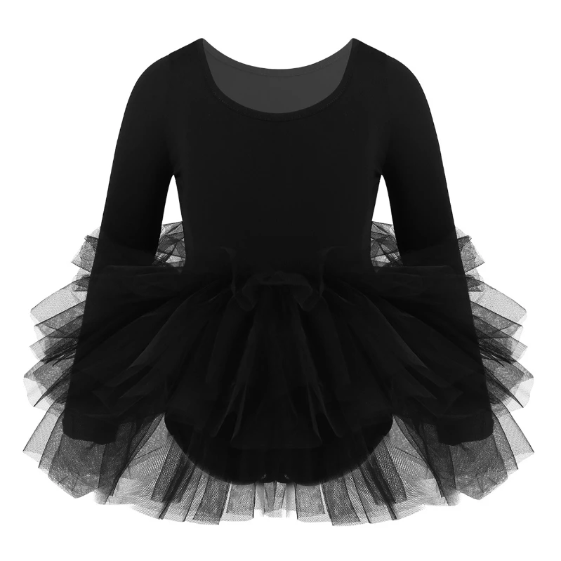 Low Price 4-Layer Ballet Dress Kids Girls Long Sleeves Tulle Tutu Skirt Dancewear Costume