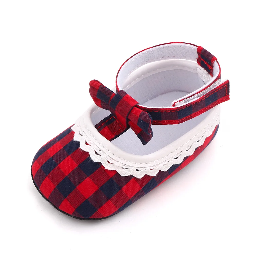 Color Matching Plaid Bow Wavy Lace Soft Soled Baby Girls Cute Princess Toddler Shoes manufacture