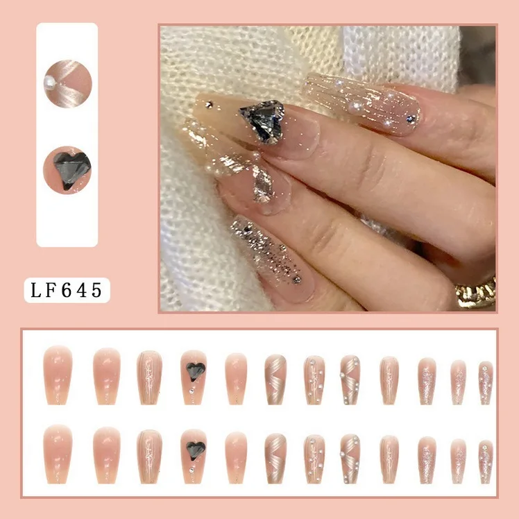 Romantic Rain Custom Press On Full Cover Acrylic Nails Ombre Shining Diamond Sequins Long French Blue Pink 24Pcs/Box Blind Box