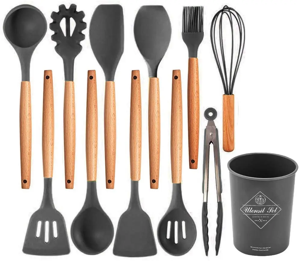 Kitchen Utensil Set, Silicone Cooking Utensils 12 Pcs Kitchen Tools with Natural Wooden Handles for Home Household