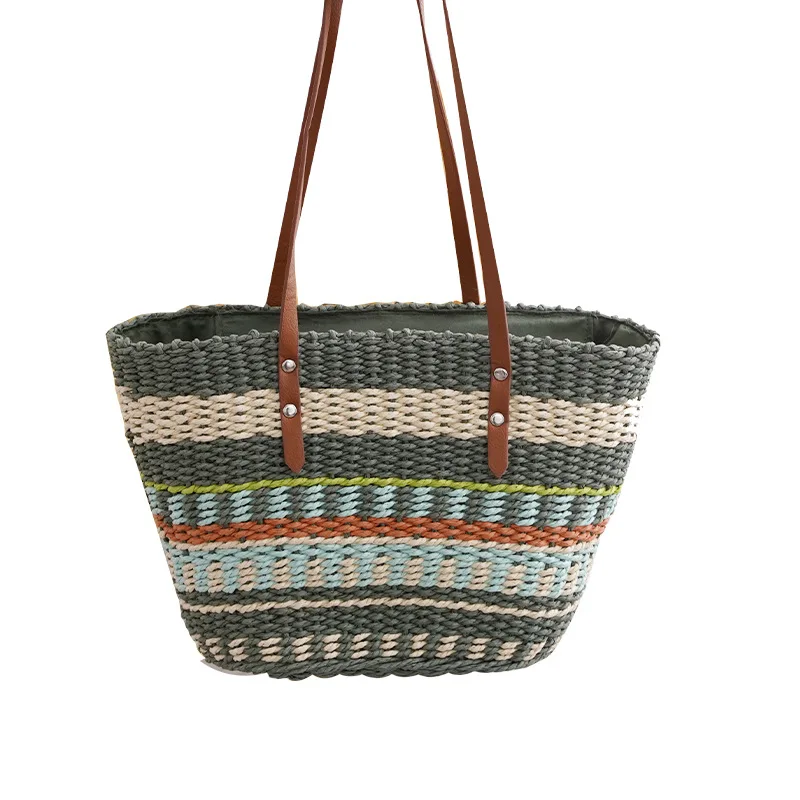 Colorful striped straw bag soft leather handle handbag Women's large capacity Tote bag Fashion popular woven vegetable basket