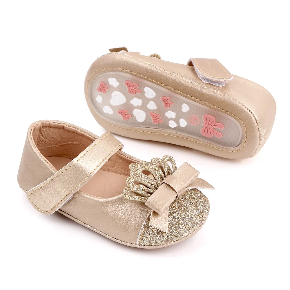 Shiny Solid Color Glitter Crown Bow Decorated Infants Princess Shoes for Baby Girls details