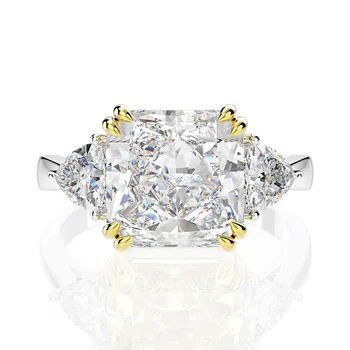 Women Wedding Jewelry 925 Sterling Silver Rhodium Emerald Shape Yellow Diamond Ice Crushed Cut CZ Three Stone Engagement Ring