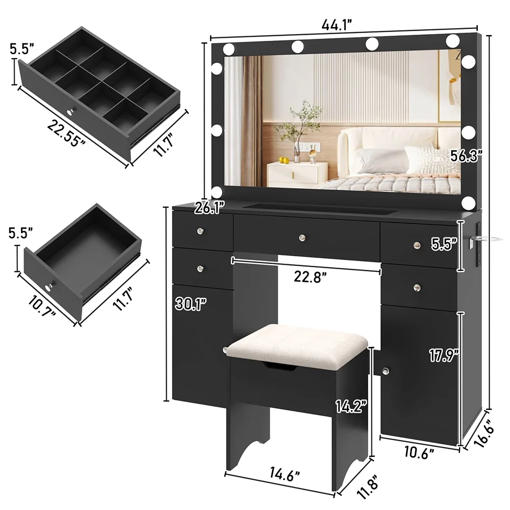 Luxury Makeup Vanity Set Lighted Mirror Quick Charging Socket Tempered-Glass Top Dressing Table Bedroom Furniture Storage factory