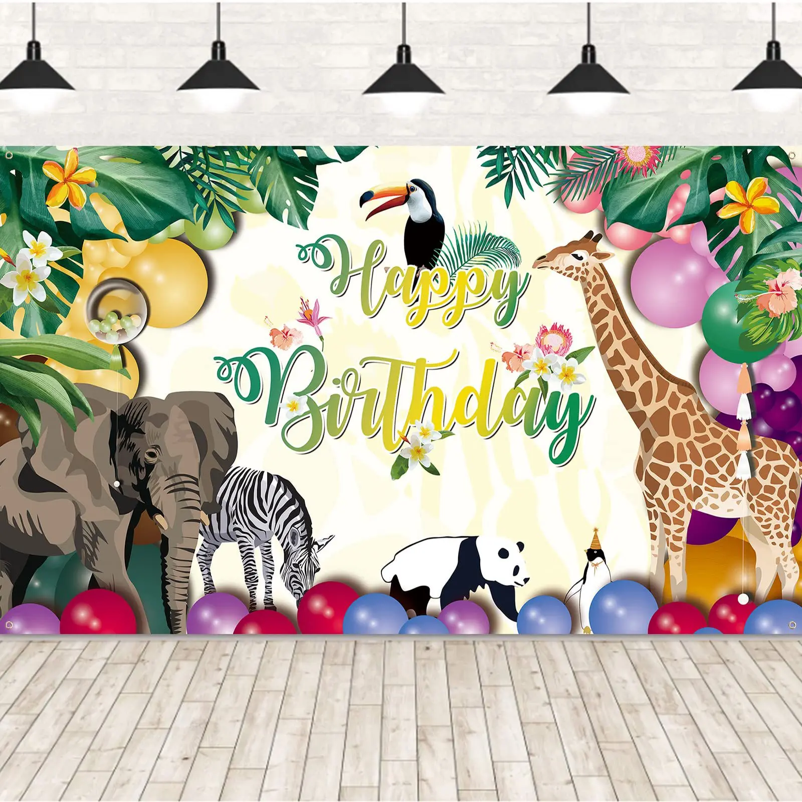 Happy Birthday Banner for Jungle Safari Theme Birthday Party Decorations Fabric Animal Zoo Theme Birthday Party Backdrop