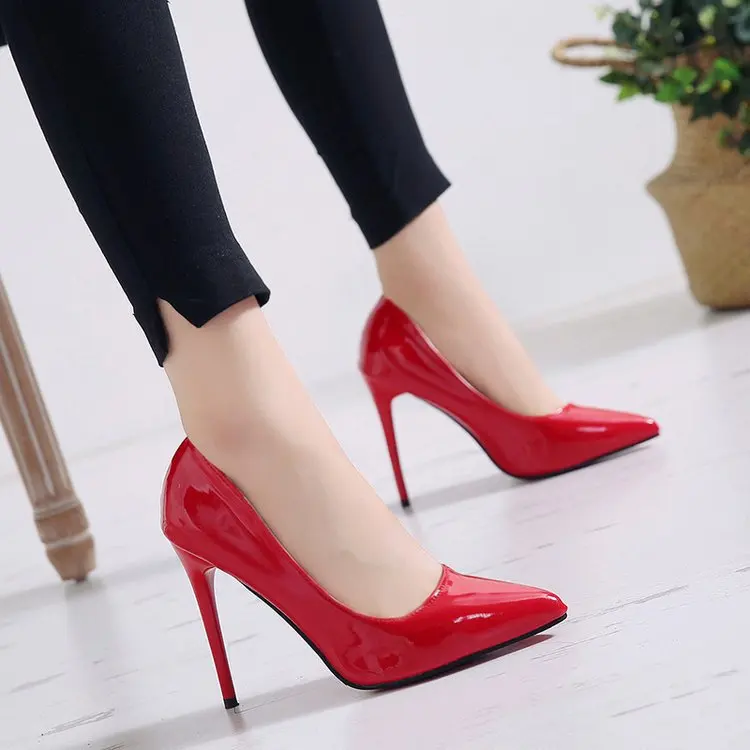 50%OFF Women Shoes Pointed Toe Pumps Patent Leather Dress High Heels Boat Wedding Zapatos Mujer Black Casual Stripper
