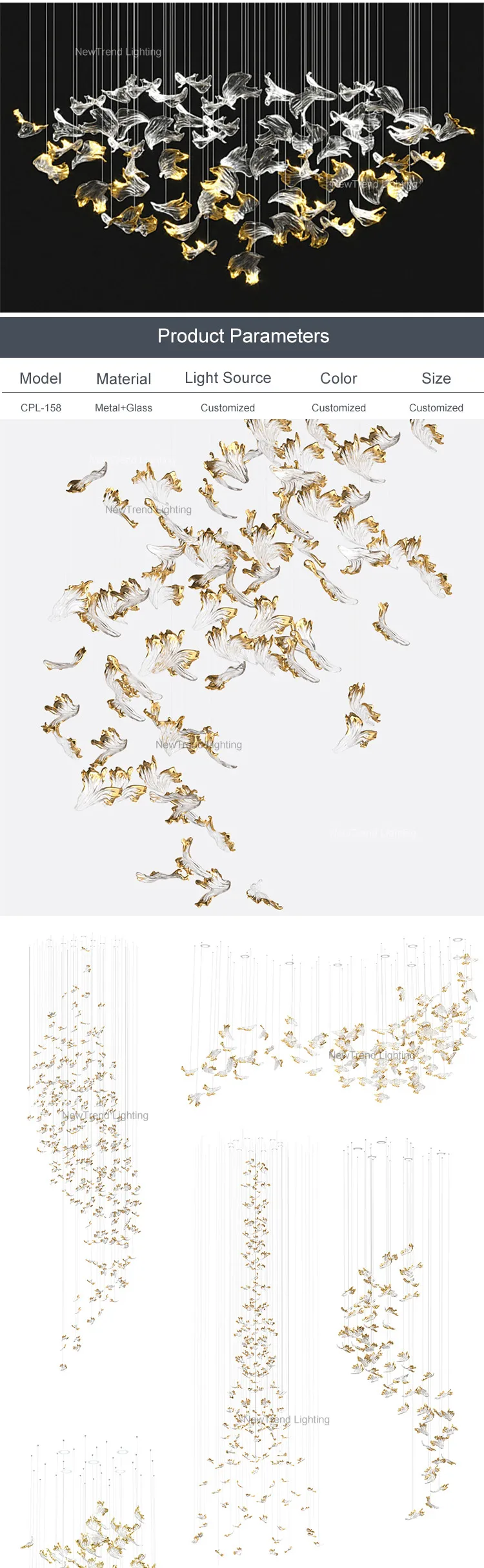 CPL-158 Art Design Custom Large Indoor Decoration Hotel Villa Staircase Glass LED Chandelier Lighting factory