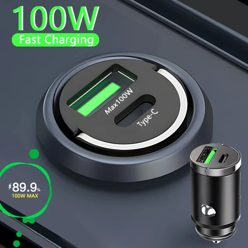 Mini 100W Car Charger Type C Dual USB Fast Charging for iphone 15 Pro Max Samsung Huawei Xiaomi Socket Cigarette Lighter Charger