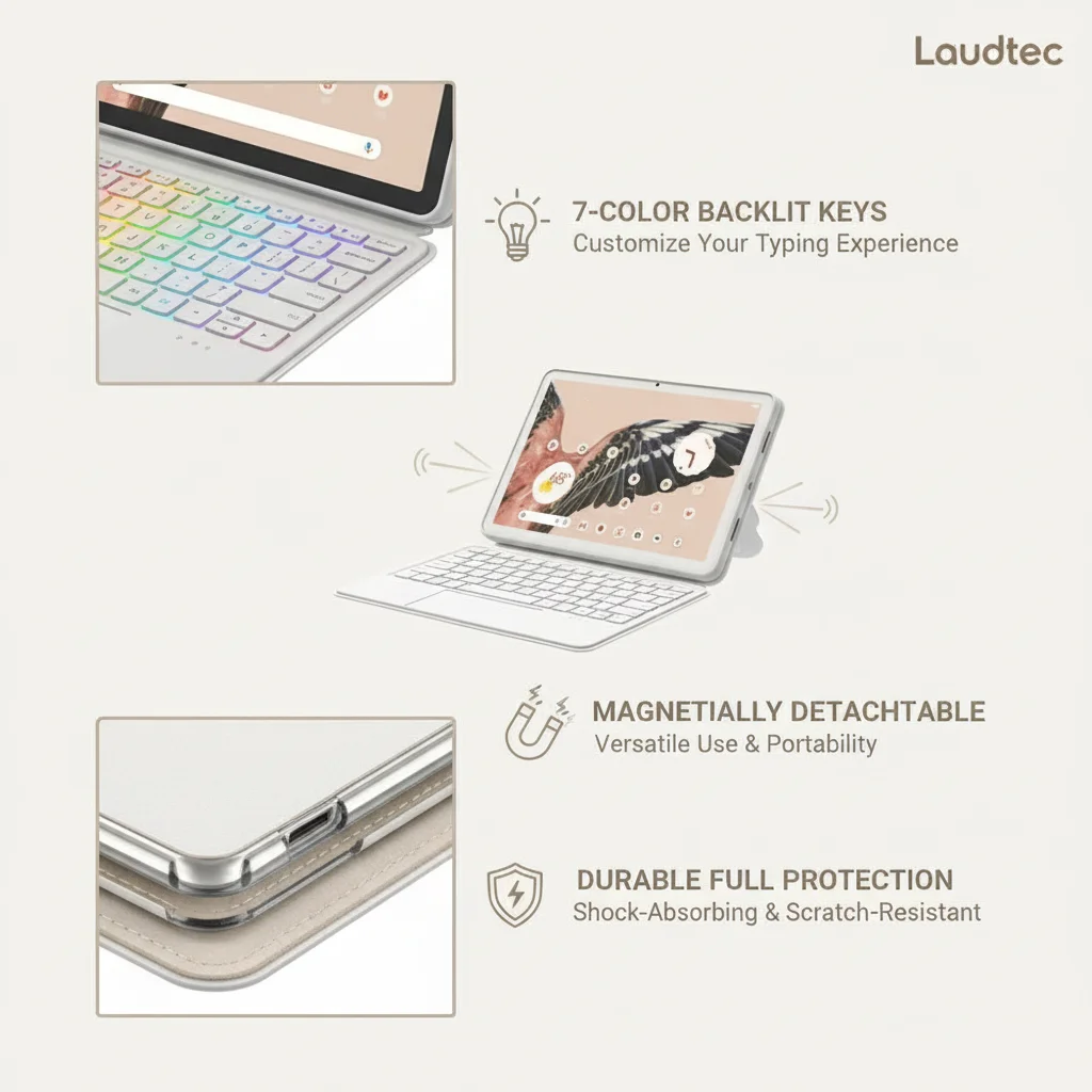 product magnetic keyboard case for google pixel tablet 11 inch adjustable angle detachable portable speaker dock backlight laudtec-8