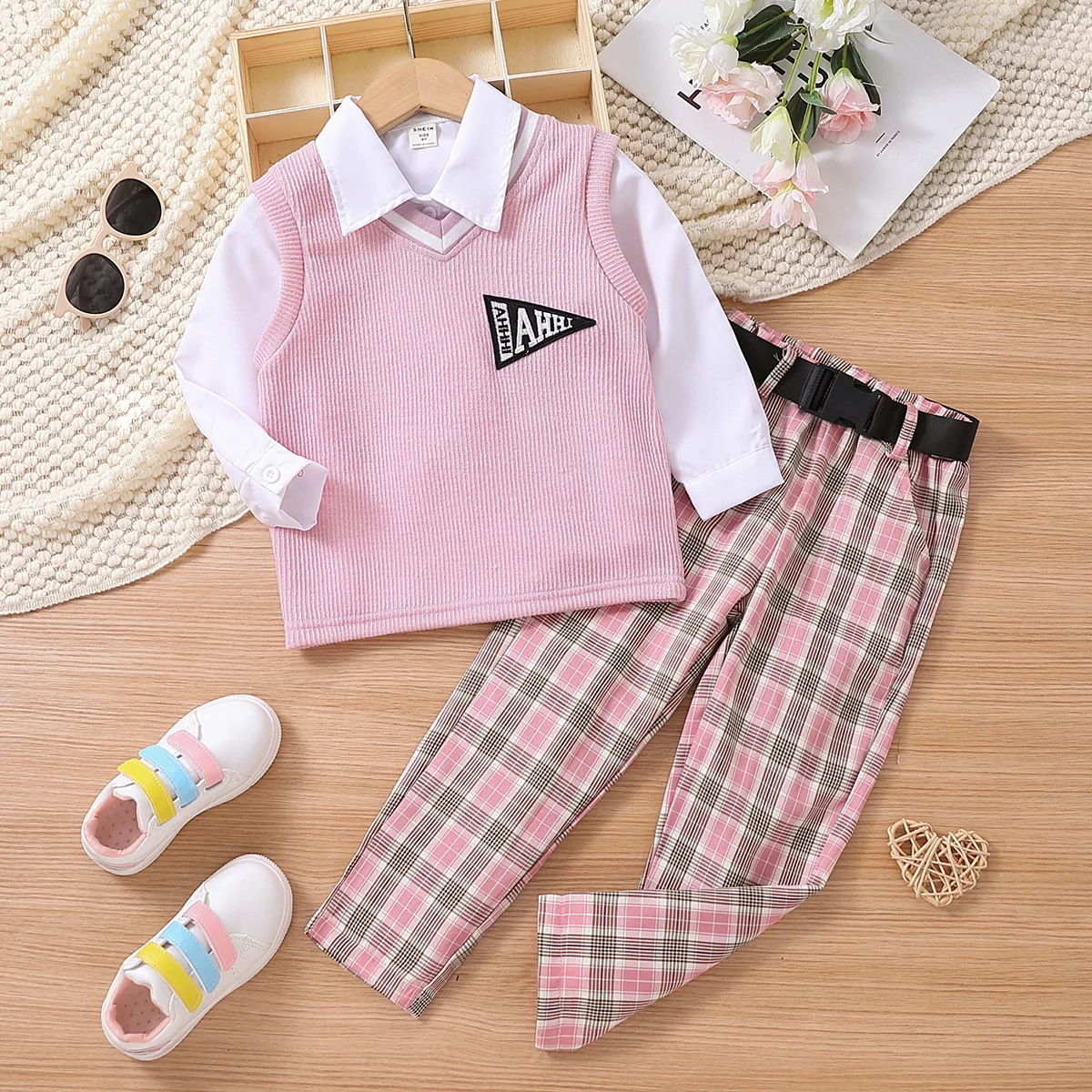 Toddler kids clothing outfits little girls preppy style shirt match sweater vest+pink plaid pants kids boutique outfits