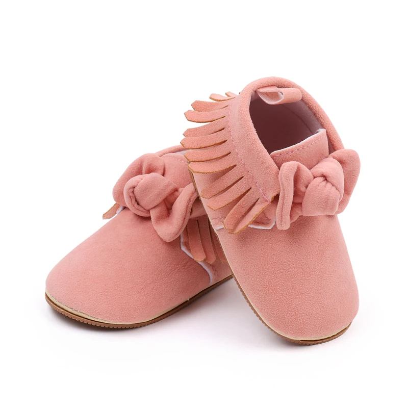 New Arrival Solid Color Fur Top Fringe Bow Soft Soled Baby Toddler Shoes for Girls manufacture