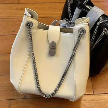 LOEU Korean Brand Women s Bag Genuine Leather Shoulder Crossbody Bucket Bag with Wax Oil Chain Strap