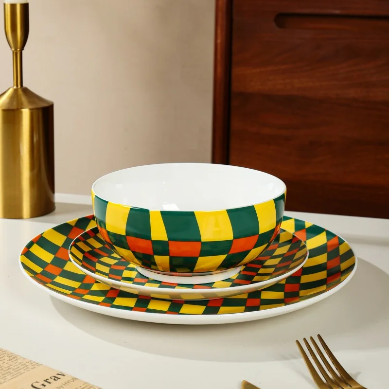 product wholesale porcelain reusable round shape cubic lattice design ceramic dinnerware dessert plate home tableware dinnerware set-3