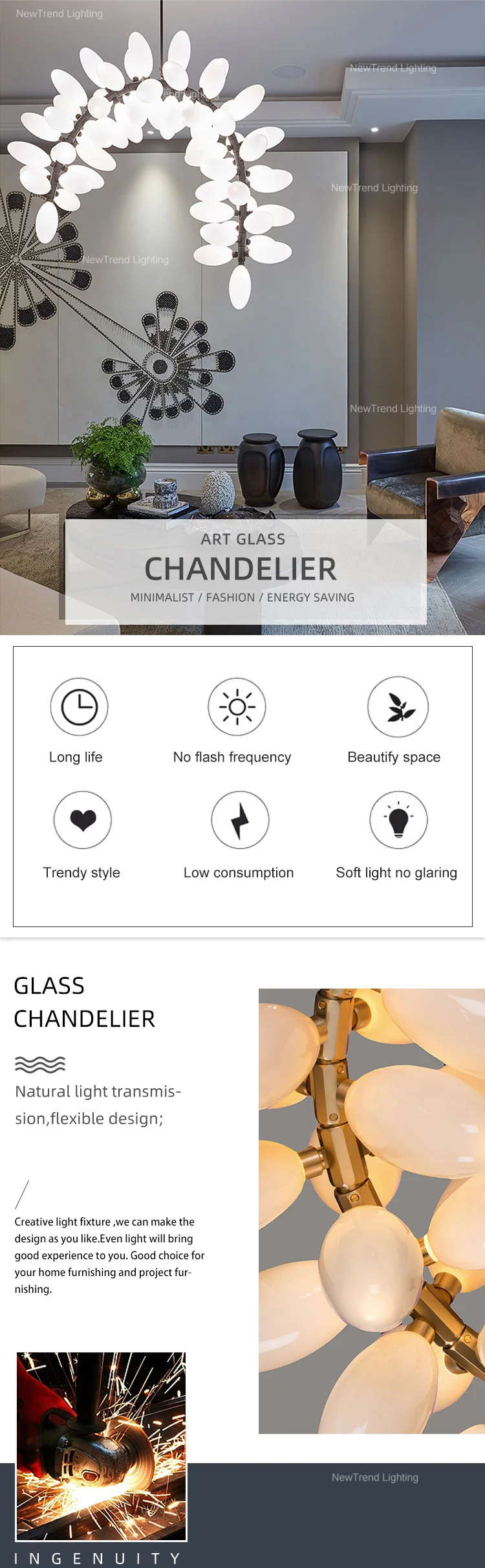 CPL-292 New Design Indoor Decoration Villa Apartment Living Room Staircase Glass LED Chandelier Pendant Light details