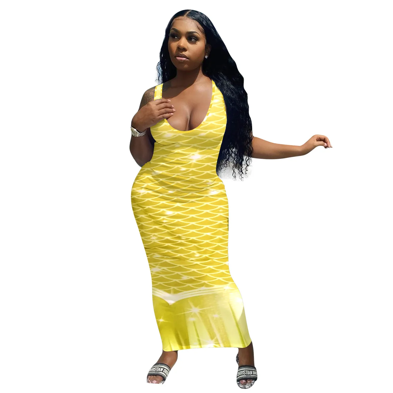 Summer Fish Scale Print Sleeveless Slim 