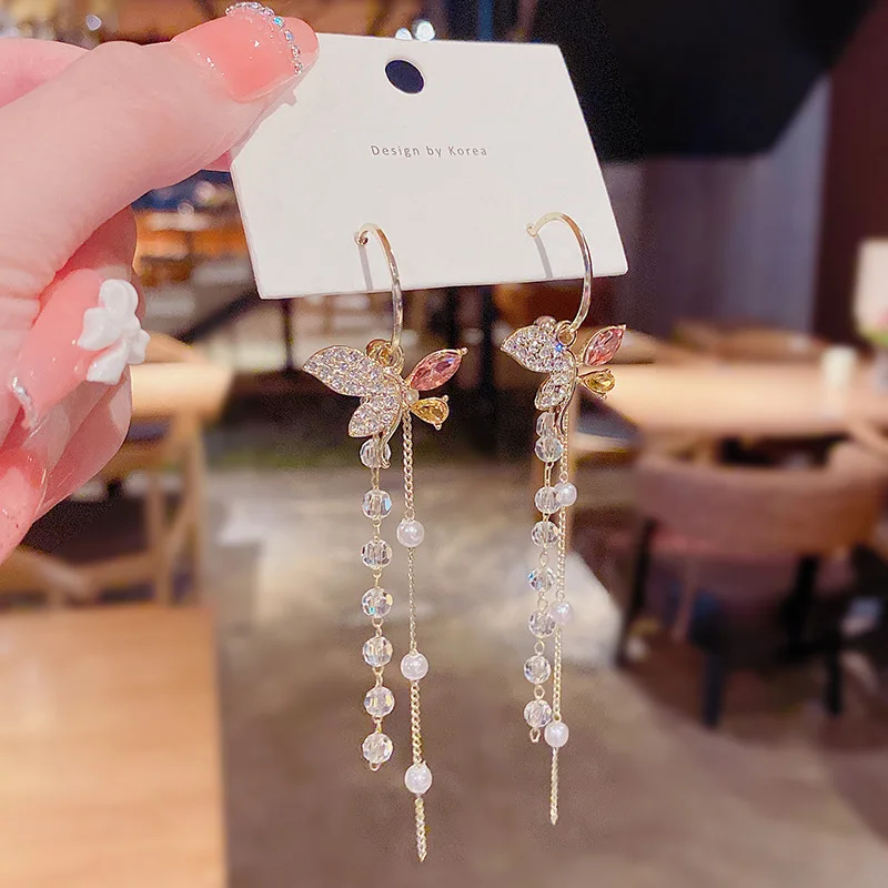 long tassel crystal Butterfly earrings women light luxury Fashion earring jewelry personality temperament earrings