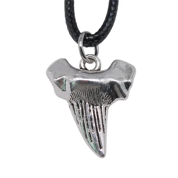 WYSIWYG 22x19mm Antique Silver Plated Shark Tooth Pendant Black Leather Cord Rope Chain Necklace For Men N6-ABD-C15001