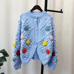 Autumn Winter New Handmade Hooked Flower Knitted Cardigan Sweater Coat Women Design 3D Ball Flower Embroidery Cardigan