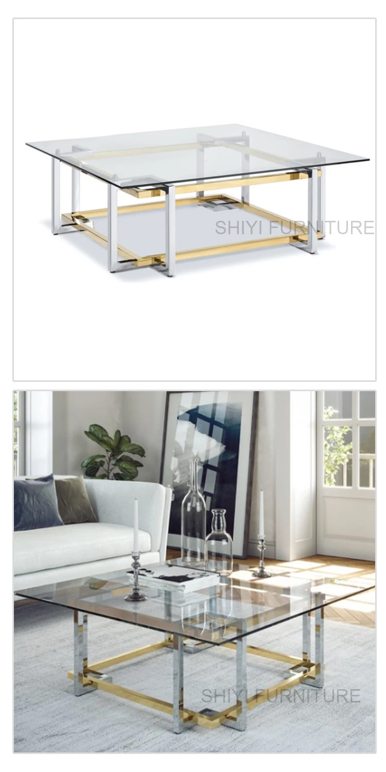 Modern large silver and gold steel base coffee tables