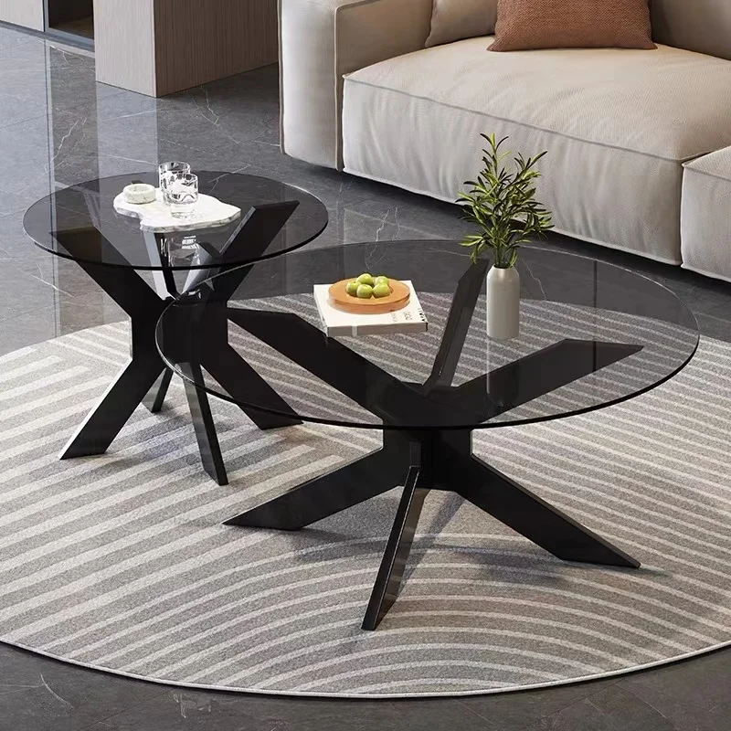 Contemporary Round Modern Glass Walnut Center Coffee Table with Solid Wood Legs for Small Space in Living Room