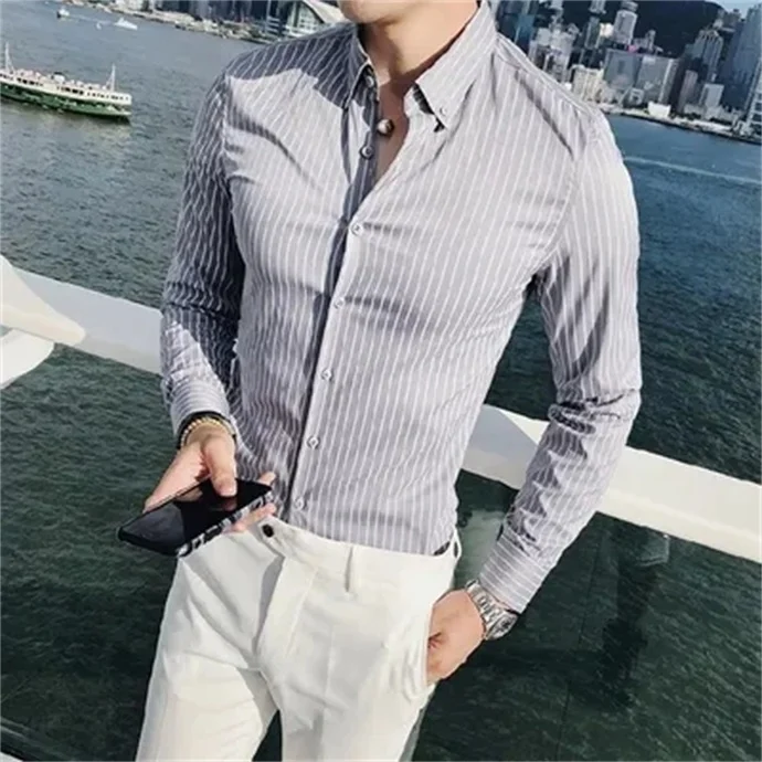 Wholesale Men's Europe-American Plaid Printed Stretch Long-sleeved Business Men Office Dress Shirt