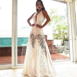 Long backless deep v lace ladies party wear evening dress white evening white simple wedding dresses for bride