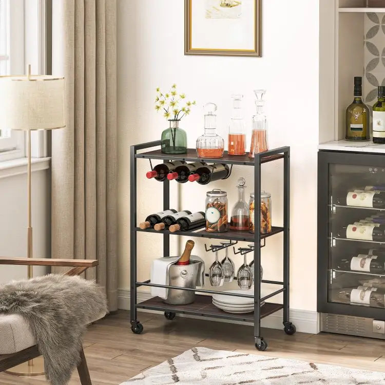 Wholesale 3 Tier Bar Cart Kitchen Serving Trolley Storage Rack Shelf with Wheels Wooden Rolling Cart for Dining Room