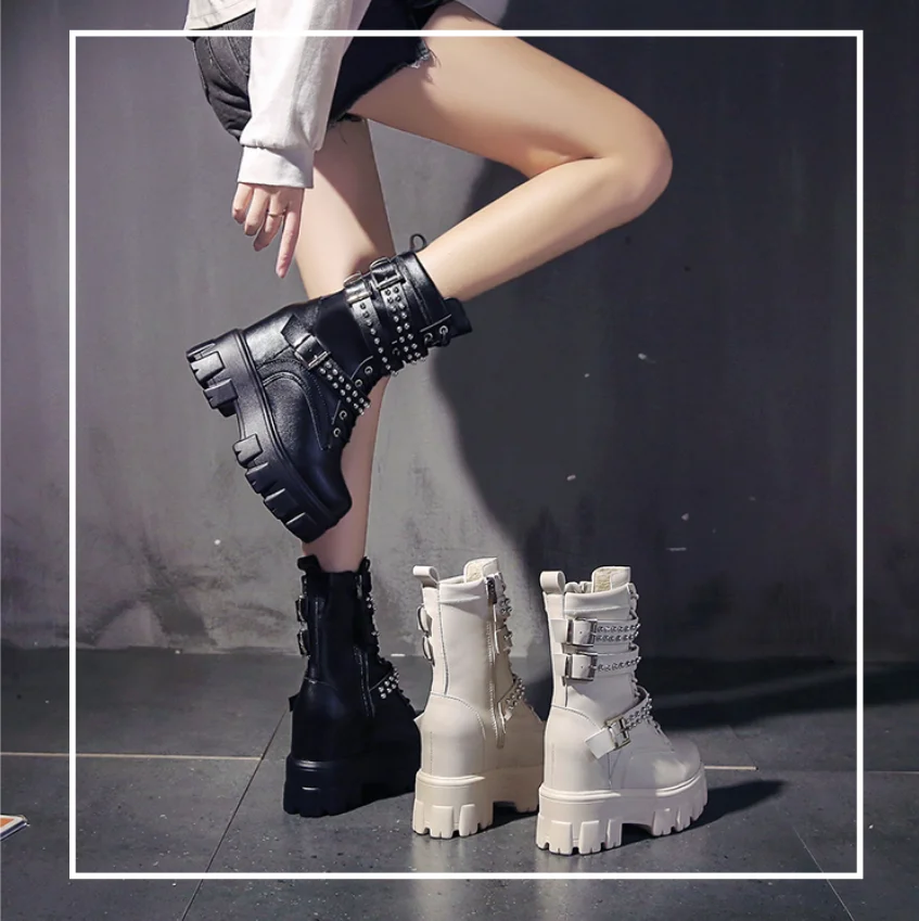 Winter Women Chunky Ankle Boots Platform Boots Fashion Women's 11cm Super High Wedge Gladiator Boot Brand Shoes Woman Black