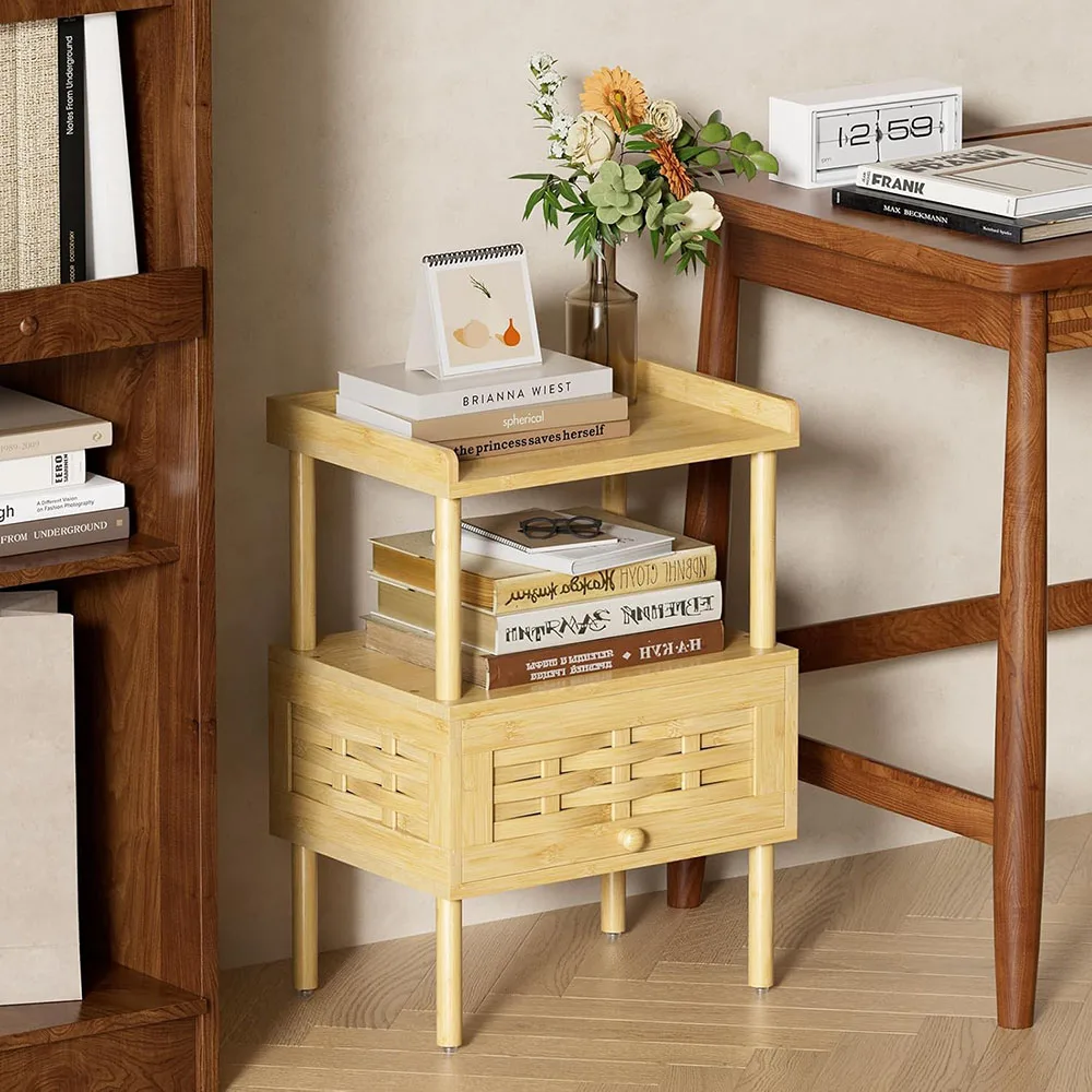 product modern bamboo nightstand with charging station bedside table with usb ports outlets night stand for bedroom use-3