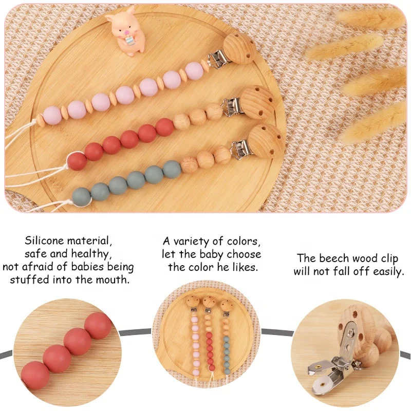 Wholesale Eco-friendly Chewable Wooden Silicone Dummy Pacifier Clip Silicone Baby Pacifier Clip Chain