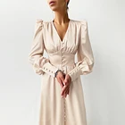 Dress Button Custom V Neck Vintage Elegant Premium Lantern Long Sleeve Maxi Satin Dress
