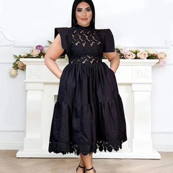 Plus Size Women Black See Through Lace Pleated Sleeveless A-Line Turtleneck Evening Party Midi Dress