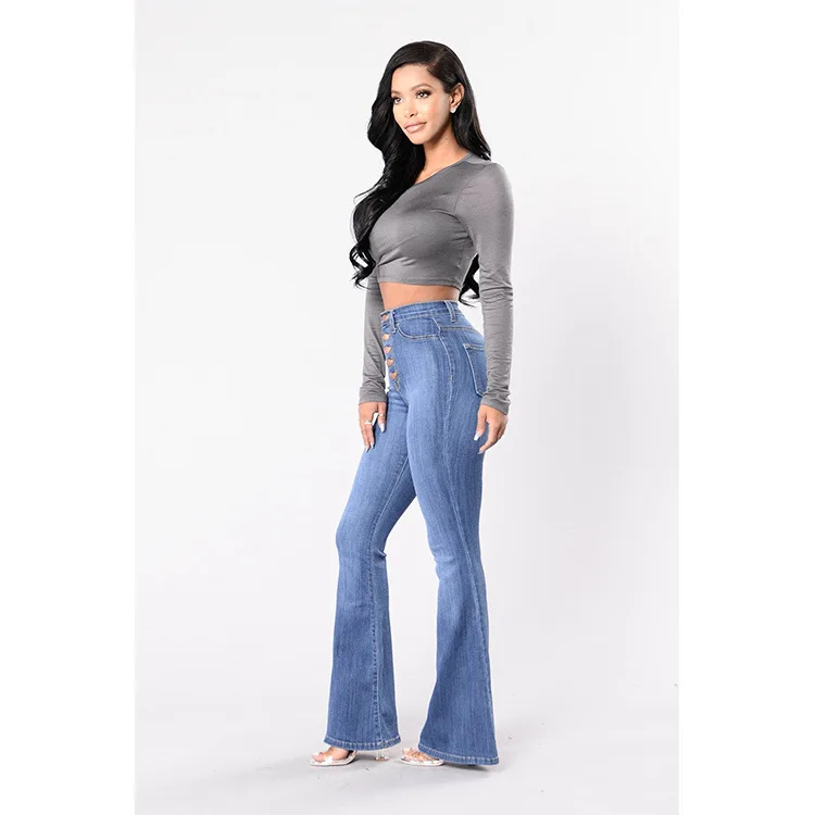 Blue Flare Skinny Jeans Women High Waist Buttons Denim Pants Trousers Full Length Butt Lifting Casual Jeans Plus Size Femme