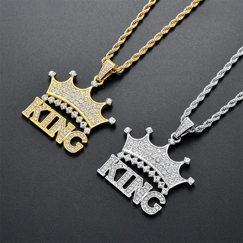 Hiphops Jewelry Men's King Crown Pendant Necklace Stainless Steel Chain Pave Diamond Gold Crown Necklace