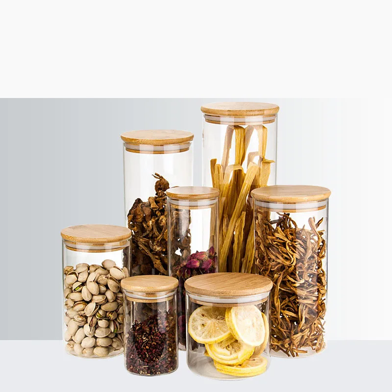 Kitchen Organizer Storage Bottles Round Airtight Coffee Tea Spice Glass Jar With Bamboo Lid Sealed Glass Food Storage Jars