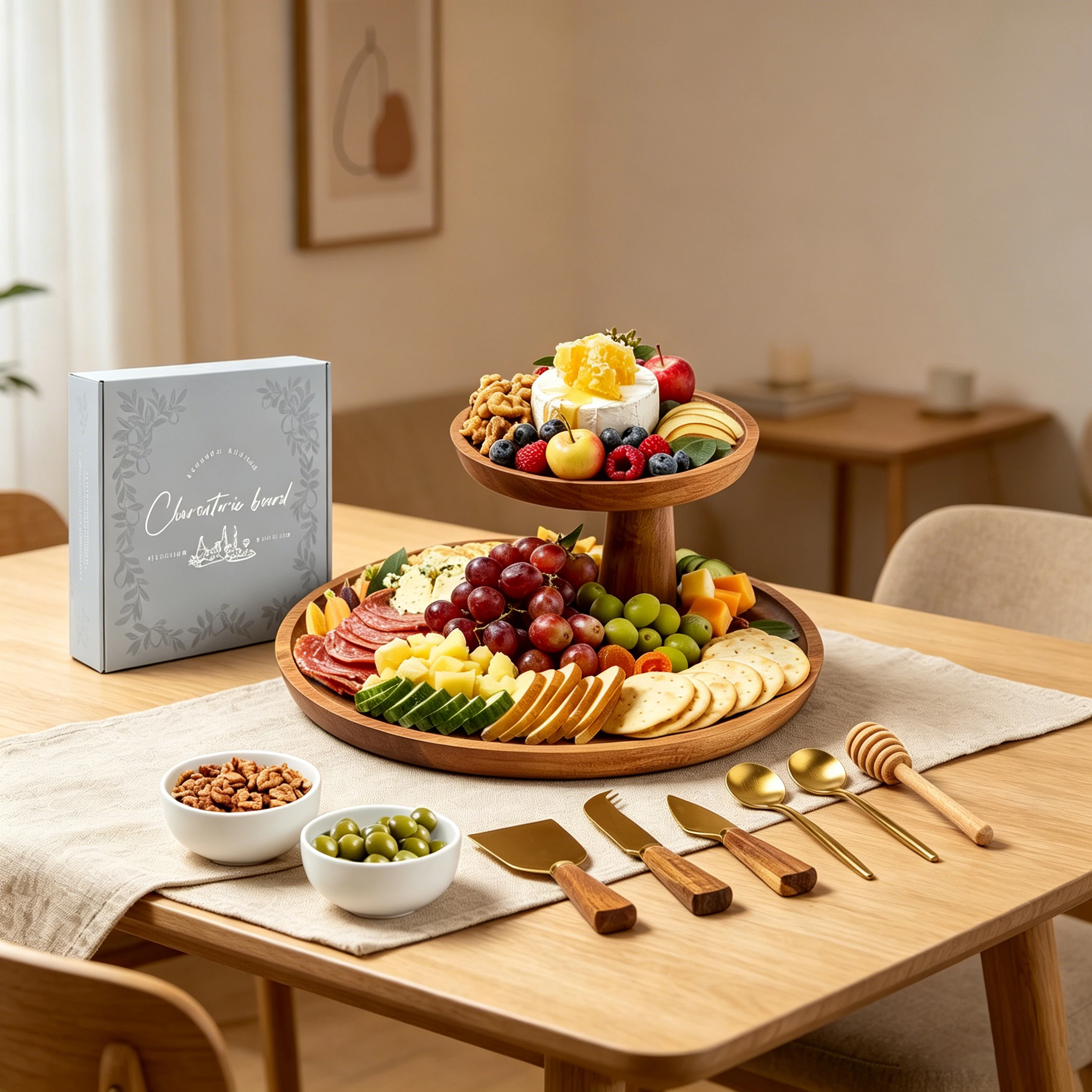 product acacia wood cheese board 2 tier charcuterie board set round cheese serving tray with knives bowls honey dipper for party-2