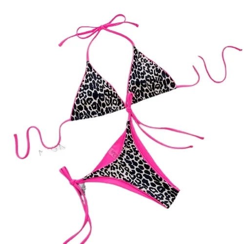 Sexy leopard print swimsuit bikini split swimsuit three-point bikini lace-up backless swimsuit