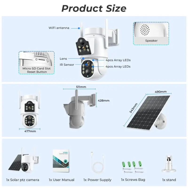 Icsee 4MP Wireless Solar Camera Dual lens WiFi PTZ Camera Outdoor Built-in 7800mAh Battery Auto Tracking Dual Lens Solar Camera